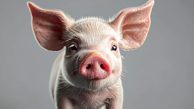 Close-up of a piglet with big ears on a gray background. Animal portrait with adorable expression, studio shot concept.