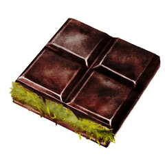 Chocolate watercolor. Hand drawn Dubai dark chocolate bar filled with kataifi and pistachio paste on isolated white background. Clip art of sweet dessert. Ideal for logo and packaging of sweets