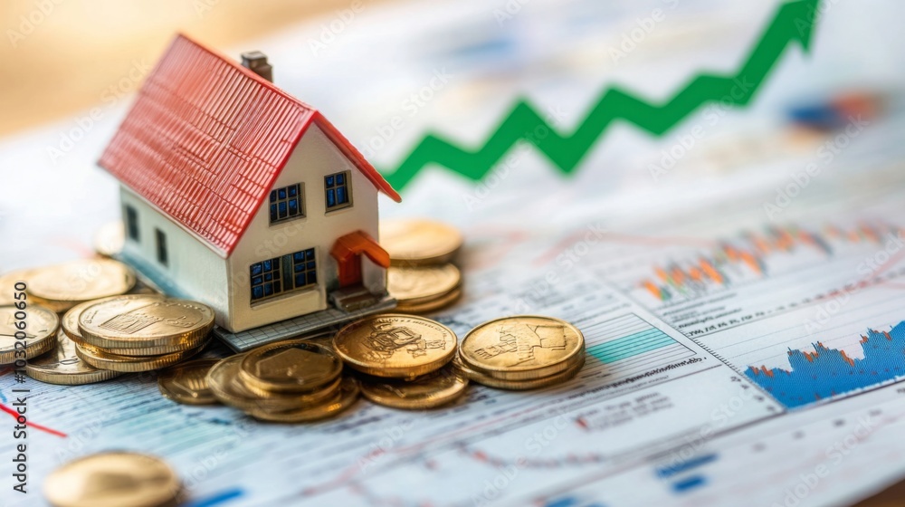 Poster A toy house sits on a table with gold coins surrounding it. There is a green arrow pointing upwards in the background.