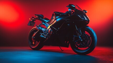 Fototapeta premium A black motorcycle with orange rims in a studio.