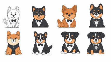 Vector set of cute and smiling dog doodles. Dog faces with flat colors, bows, christmas hats, scarfs, dalmatian, pug, poodle, and beagle on white background. Sticker, comic, and print design.