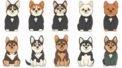 Naklejka premium Vector set of cute and smiling dog doodles. Dog faces with flat colors, bows, christmas hats, scarfs, dalmatian, pug, poodle, and beagle on white background. Sticker, comic, and print design.