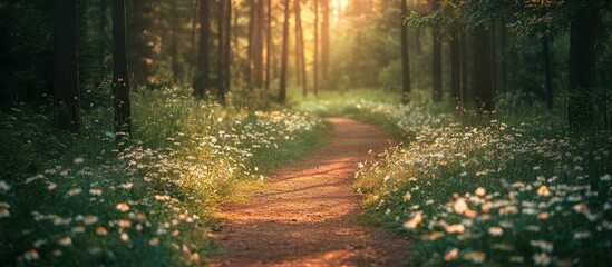 A winding path through a forest with sunlight streaming through the trees and wildflowers along the sides.