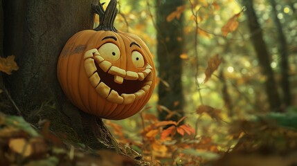 A funny pumpkin with a goofy, exaggerated grin is propped against a tree in a dense forest. Its uneven eyes and crooked smile make it look like it's laughing at a private joke .