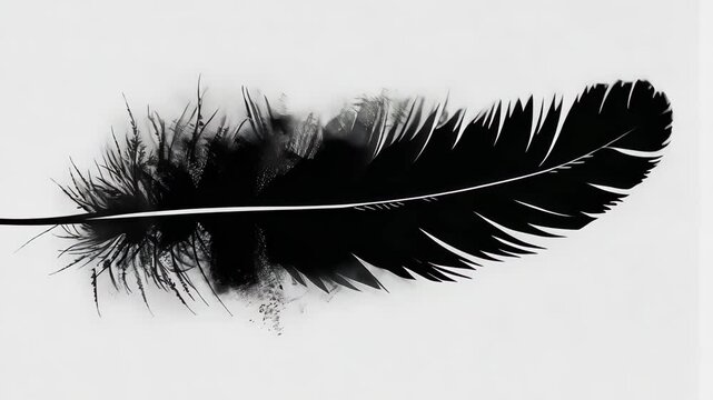 Black feather with ink splatter on white background, artistic illustration.