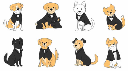 Vector set of cute and smiling dog doodles. Dog faces with flat colors, bows, christmas hats, scarfs, dalmatian, pug, poodle, and beagle on white background. Sticker, comic, and print design.