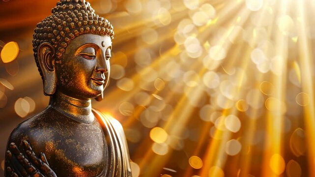 Golden buddha statue with sun rays and bokeh lights, spiritual tranquility concept.
