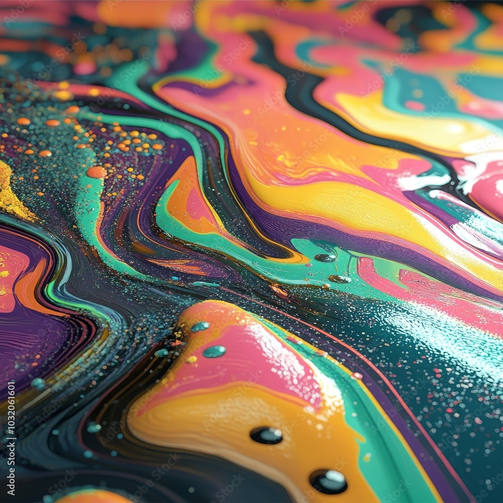 Poster abstract colorful paint swirls, mixing pigment colors and creating decorative abstract patterns