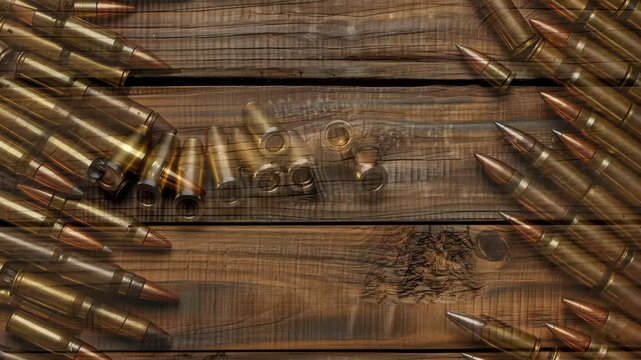 A row of bullets are on a wooden surface