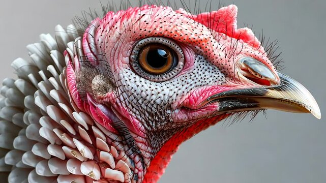 Close-up of turkey head with vibrant colors, detailed feathers. Nature and wildlife concept.