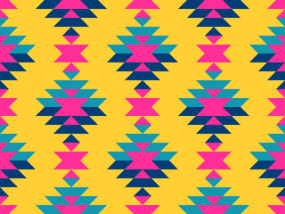 Funky Aztec diamonds bold pink yellow Raster Pattern. Colorful tribal geometrics in neon colors, yellow, pink, teal, blue seamless pattern.