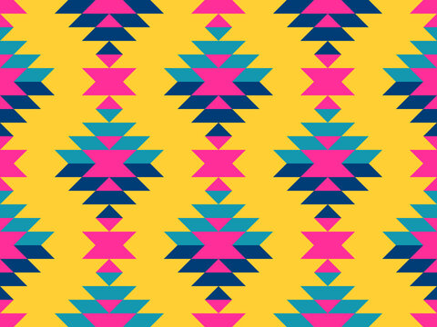 Funky Aztec diamonds bold pink yellow Raster Pattern. Colorful tribal geometrics in neon colors, yellow, pink, teal, blue seamless pattern.