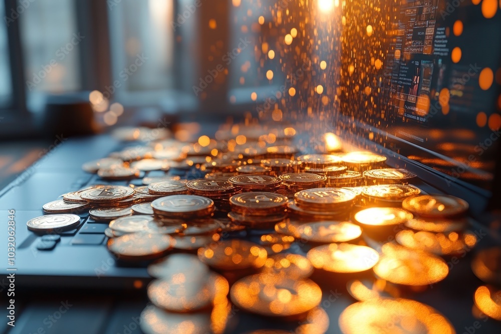 Poster a laptop with a pile of gold coins, glowing with light, and displaying a screen with data.