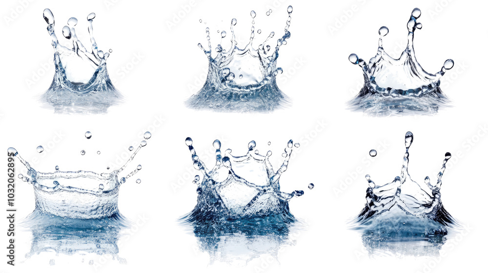 Poster collection of water splash images showcasing dynamic droplets falling generative ai