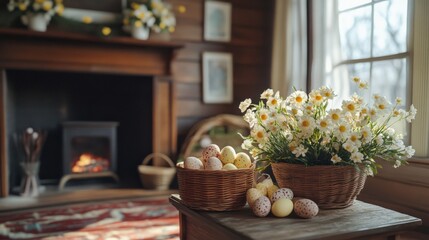 Cozy indoor setting with easter eggs and flowers by fireplace during springtime