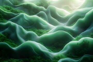 Obraz premium Abstract green landscape with flowing waves and lines.