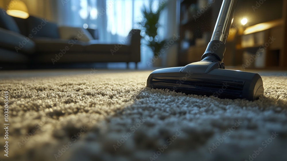 Poster a person is using a vacuum cleaner to tidy up the plush carpet in a cozy living room. the warm after