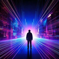 メタバースと5Gが交差する未来都市、先進的なデジタル空間とサイバーテクノロジーの象徴