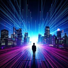 メタバースと5Gが交差する未来都市、先進的なデジタル空間とサイバーテクノロジーの象徴