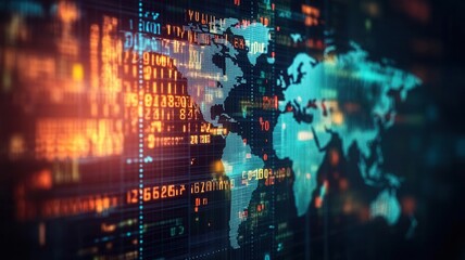 Obraz premium Abstract world map with cascading numbers and currency, symbolizing global markets