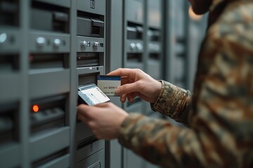 Male customer pays credit card using automated mail terminal or self-service locker. Mail delivery concept, Generative AI