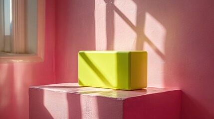 A green yoga block rests on a pink pedestal against a pink wall with sunlight streaming through the window.