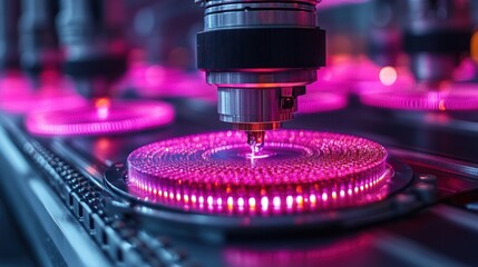 A robotic arm assembling a circuit board with pink LEDs.