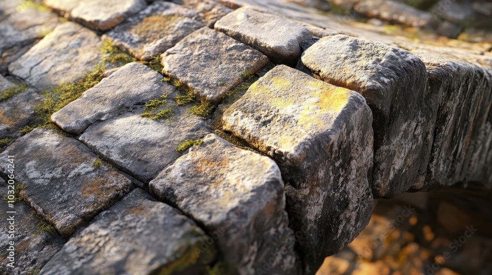 Wall mural Weathered Roman bridge keystone small cracks and moss in gaps illuminated by soft daylight