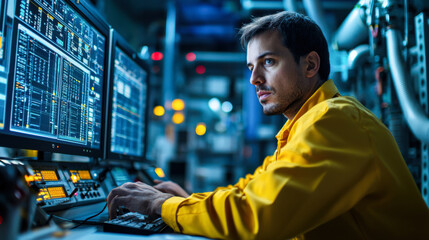 focused technician in yellow jacket operates multiple computer screens in high tech control room, showcasing advanced technology and data monitoring