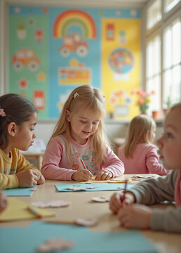 Cute blonde girl drawing with colored pencils in kindergarten class