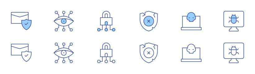 Cyber security icon set in two styles, Duotone and Thin Line style. Editable stroke. anti, cyber, cyber security, broken shield, cyber attack
