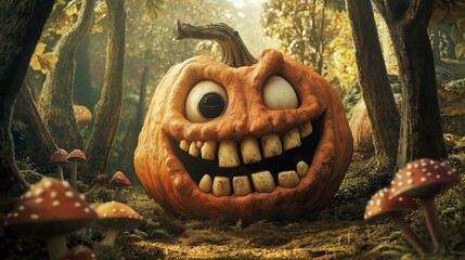 Fototapeta premium A funny pumpkin with large, uneven teeth and one eye larger than the other sits in a forest hollow. The surrounding trees and mushrooms seem to be watching the pumpkin 