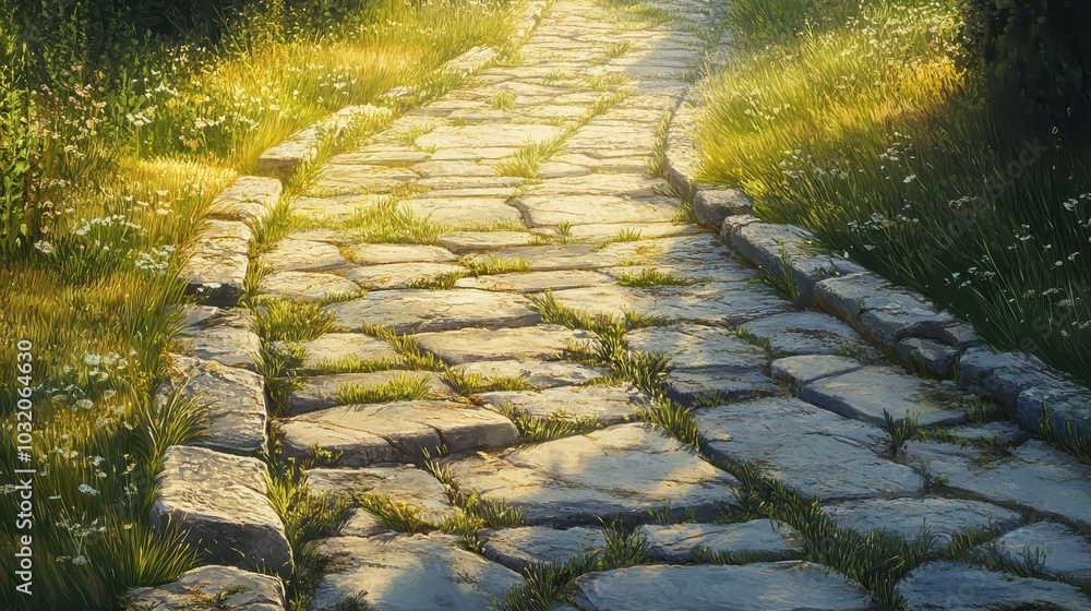 Sticker Roman road partially overgrown cracked stone pavement with grass growing soft afternoon sunlight visible