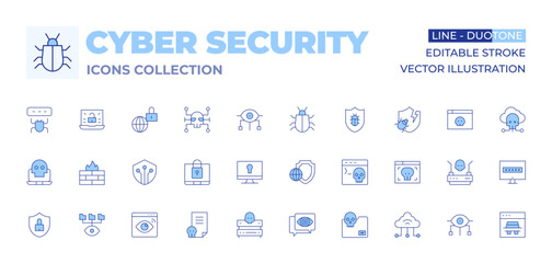Cyber security icons collection. Line Duotone style, editable stroke. lock, server, shield, spyware, firewall, digital security, file, security, spy, cyber security, cybersecurity threats