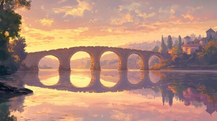 Dawn over Roman bridge pink and orange sky arches mirrored in calm water first rays of sunlight visible