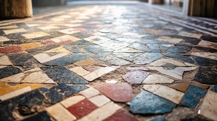 Naklejka premium Detailed view of Roman mosaic floor small colored tiles forming geometric patterns bright light enhancing texture