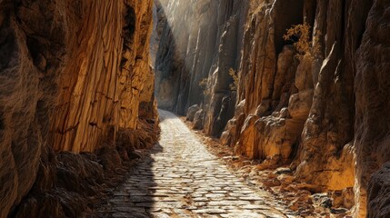 Roman road through tall cliffs dramatic sunlight and shadows cast across ancient stone pavement