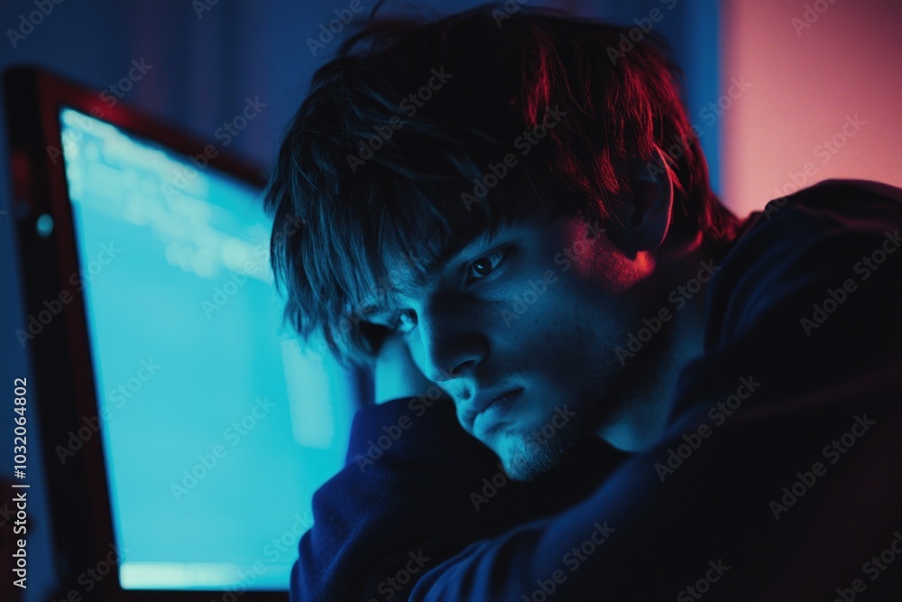Poster a person sitting in front of a computer monitor with a focused expression