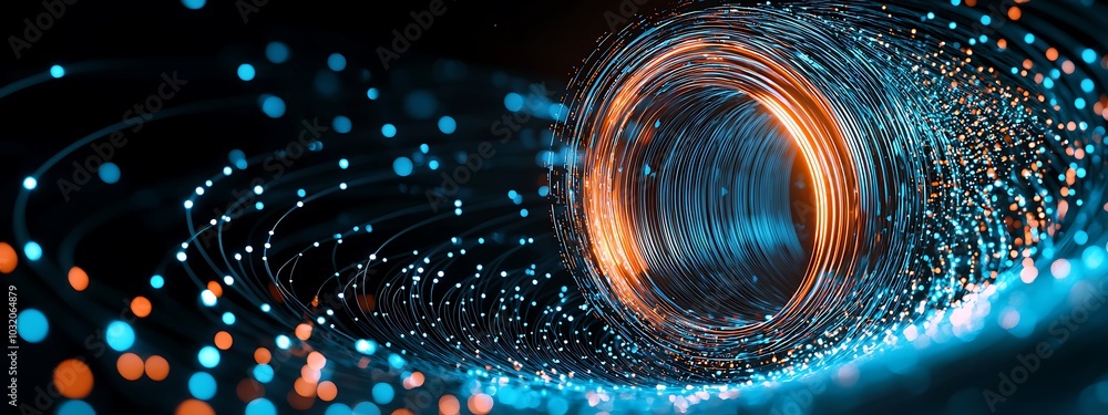 Poster dynamic swirling light effects create an energetic visual, blending blue and orange hues in a captiv