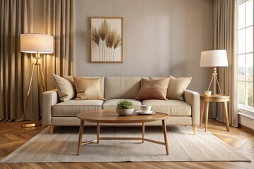 Living room in beige tones with a sofa, a floor lamp, a wooden table