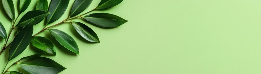 Obraz premium Green leaves on a soft green background, perfect for nature-themed designs and projects.