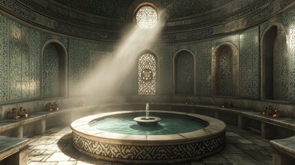 Obraz premium Turkish hammam with patterned tiles and fountain steam rising through soft sunlight in domed ceiling
