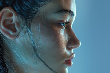 A close-up shot of a woman's face with wet hair, suitable for use in beauty or lifestyle content