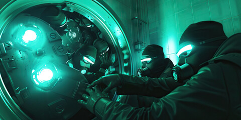 The Teal Bank Heist: A group of masked individuals breaking into a bank vault, their faces lit up by teal emergency lights.