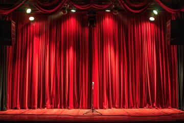 A stage with a red curtain and bright lights, perfect for theater performances or presentations
