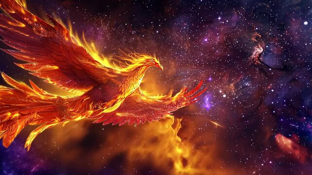 Majestic phoenix soaring through cosmic nebula, vibrant display. Mythical creature and fantasy concept.