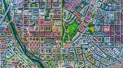 Obraz premium Aerial View of a Densely Populated City with a Winding Canal