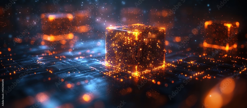 Poster glowing cube on a circuit board with digital particles.