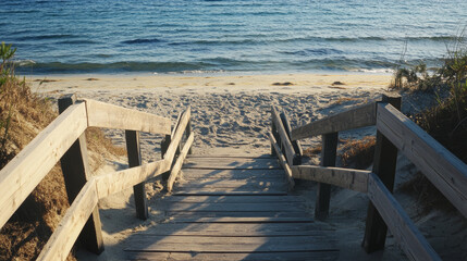 A high-angle view showcasing a wooden boardwalk with a sturdy railing, leading down to a sandy beach. The sun casts a warm glow on the weathered wood, highlighting its natural texture. 