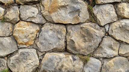 Medieval stone wall with large stones cracked mortar and tufts of grass